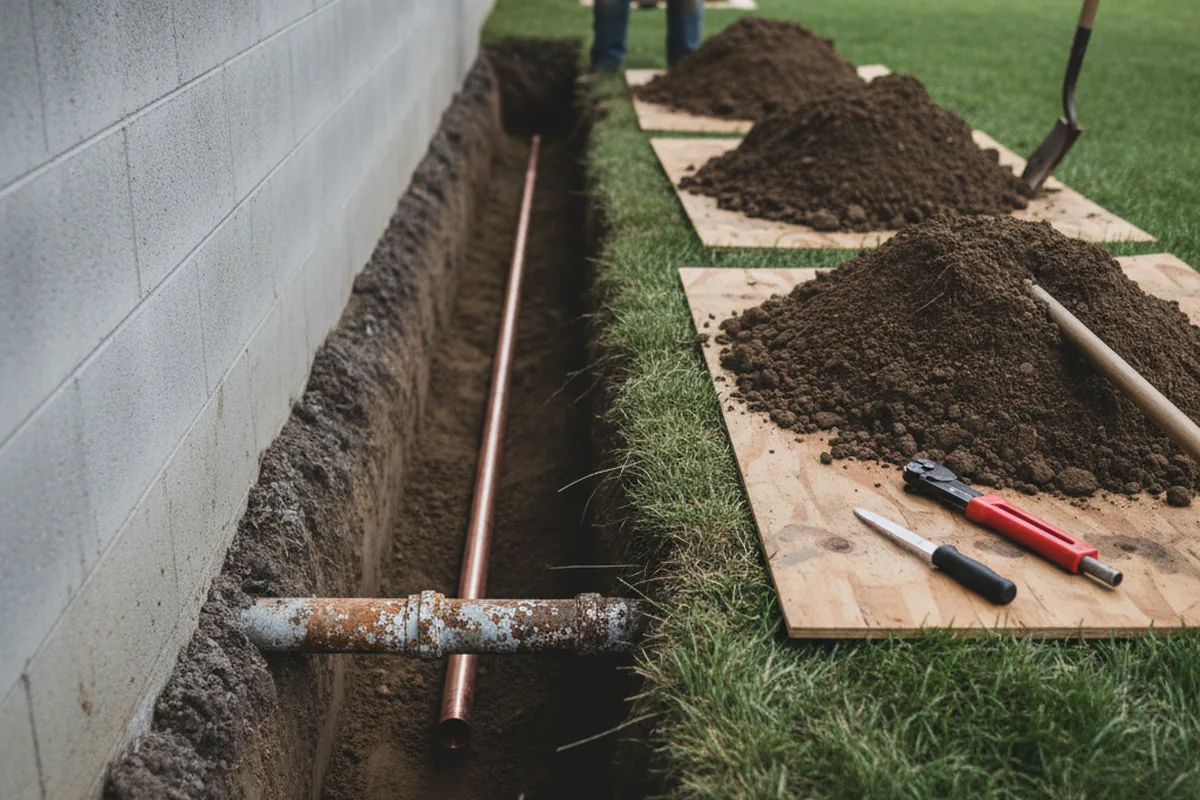 Excavated water line trench during Water Softener Installation in Canal Point